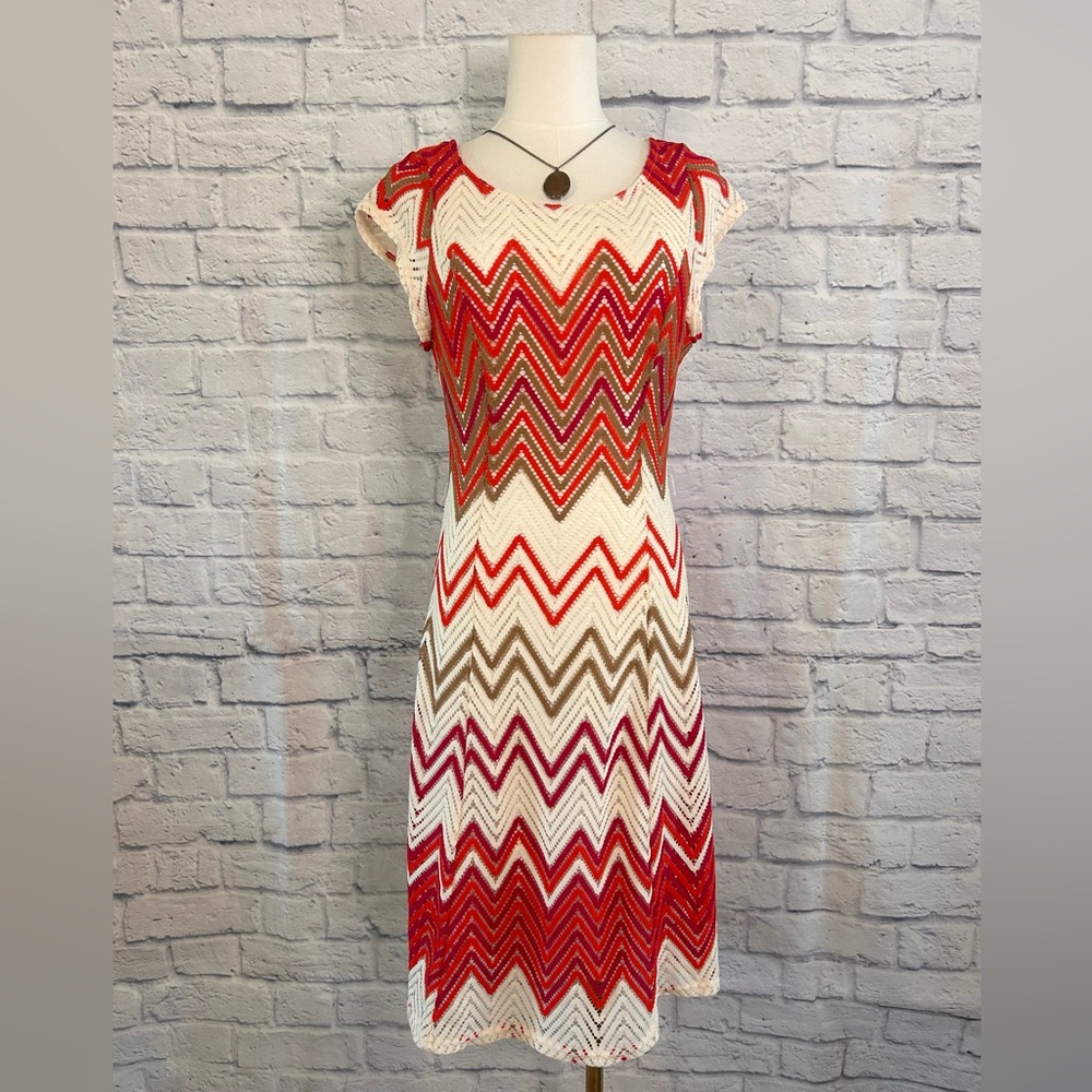 Sharagano Crochet Midi Dress Chevron Red Cream Italy Coastal Travel Vacay Boho - Picture 3 of 15